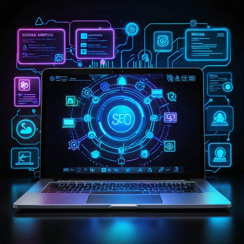 A futuristic digital landscape with a sleek, modern laptop at the center displaying a vibrant website design, surrounded by holographic icons representing SEO, social media, email marketing, and analytics, all glowing with a blue neon light against a dark background. Super-realistic. Vibrant colors. Modern style.