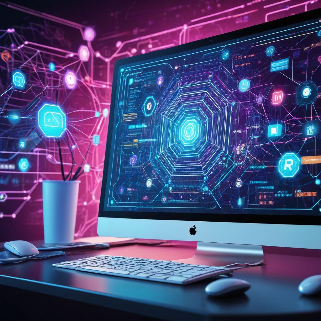 A futuristic computer screen displaying a coded website, surrounded by digital icons representing design tools, SEO, and marketing analytics. The background shows interconnected nodes illustrating a web of connections. The image radiates with innovation and collaboration. 3D. vibrant colors. cyberpunk.